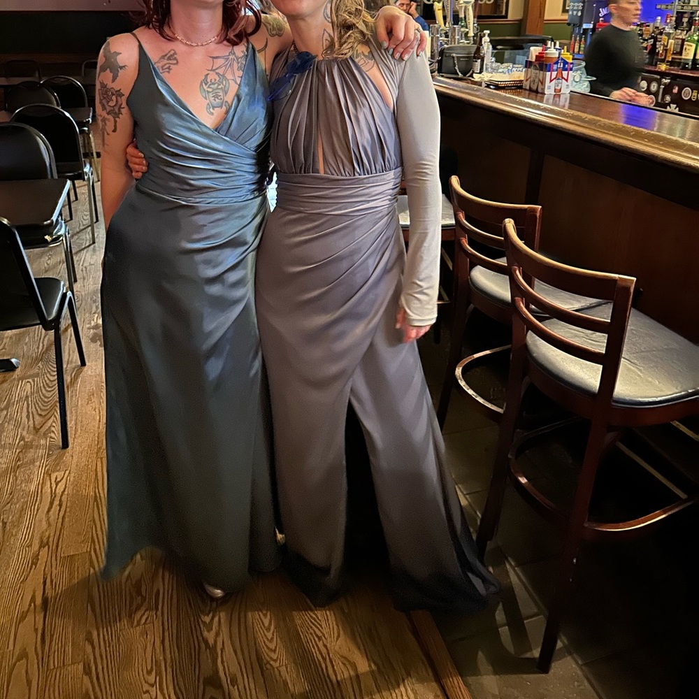Steel blue charmeuse draped strapped bridesmaid dress - Picture 2 of 3